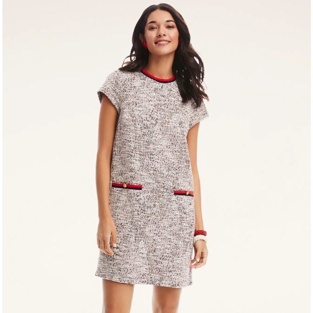 Brooks Brothers Ivory and Black Tweed Midi Dress with Red Trim